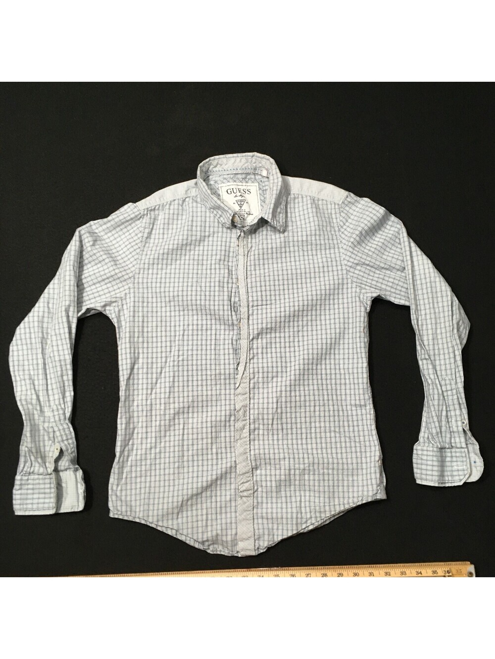 Guess Shirt Mens XS White Geometric Print Long Sleeve Button Up blue check